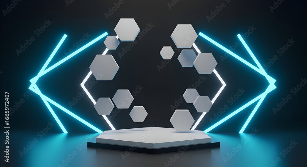 Poster abstract display with geometric hexagons in a modern setting. floating hexagons surround a platform 