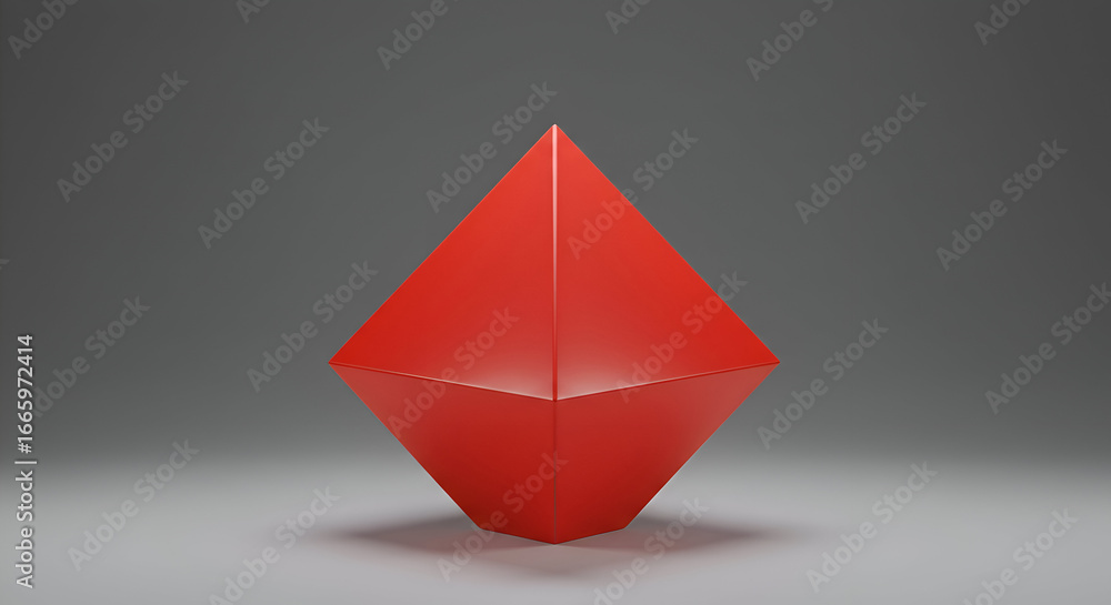 Poster red geometric pyramid in neutral studio setting. solid, simple form with clean lines and smooth surf