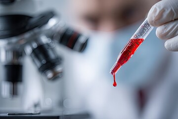 Red liquid drips from pipette near microscope.  A scientist in a lab setting