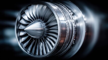 A detailed view of a jet engine turbine, highlighting its complex design and metallic components.