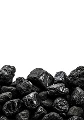 Coarse, dark charcoal slag fragments with sharp, jagged edges in low piles, matte-black textured surface, isolated on a transparent background, dramatic high-contrast chiaroscuro lighting,