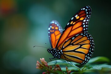 Obraz premium Beautiful monarch butterfly perched on green leaf with vibrant orange and black wings at a sunny garden in the morning, showcasing natural grace and colors of the summer