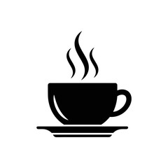 Vector art of a black silhouette of a steaming coffee cup and saucer, representing a hot beverage with rising steam, isolated on a