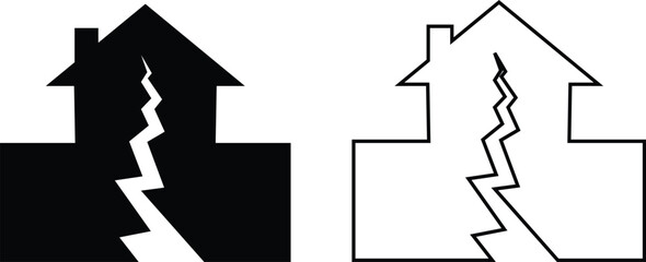 Earthquake houses collapse icon set, black solid and outline vector of damaged skyscrapers, cracked ground, shaking effect, seismic disaster, destruction, emergency alert and safety awareness symbol