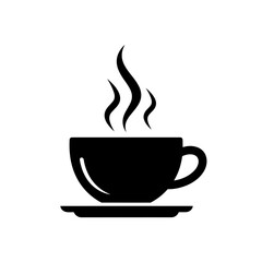 Vector art of black silhouette of a steaming hot coffee cup on a saucer, , representing a warm beverage and morning energy
