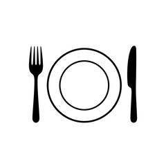 Vector art of a simple black and white illustration of a plate with a fork and knife, , representing dining and food service