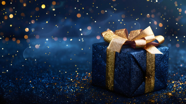 Blue glittering gift box with gold ribbon and bokeh light on sparkling background. New year, Christmas, birthday holiday concept.