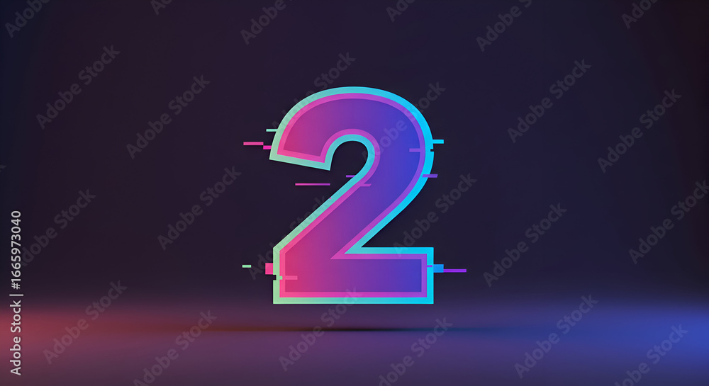 Poster number two graphic design with vibrant gradient color scheme in a dark studio setting. digit display