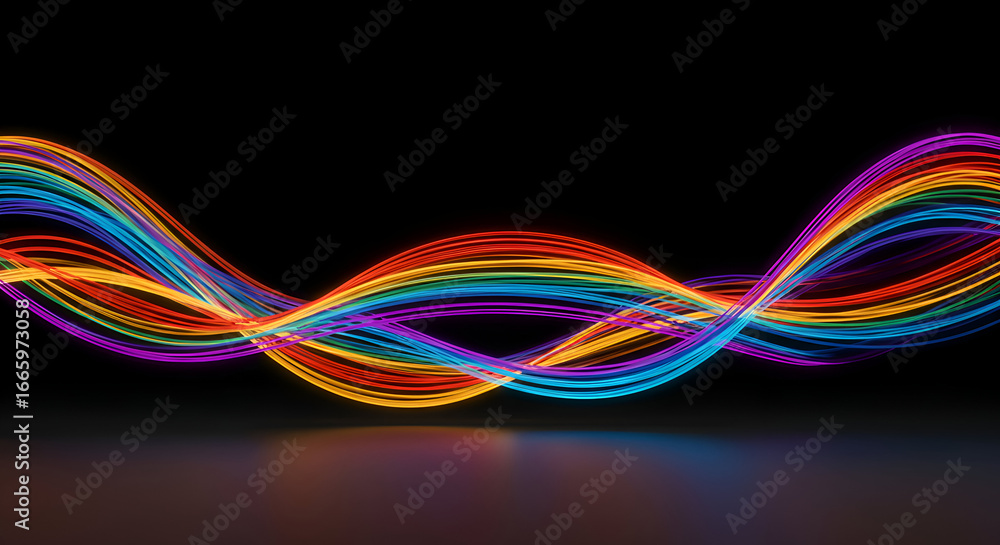Poster abstract rainbow neon lines flowing in a wave pattern on a black background. dynamic, colorful lines