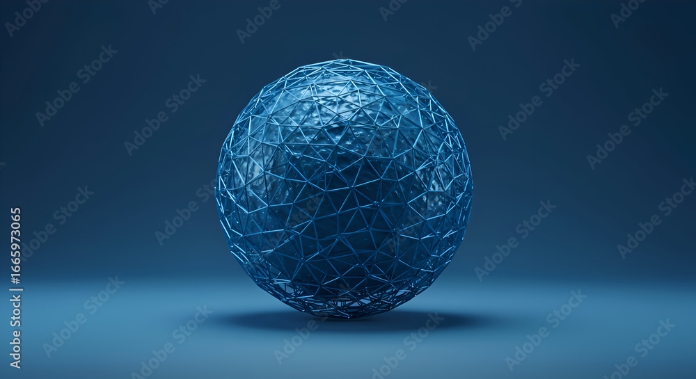 Poster abstract blue sphere with a metallic mesh structure in a minimalist studio setting. futuristic, geom