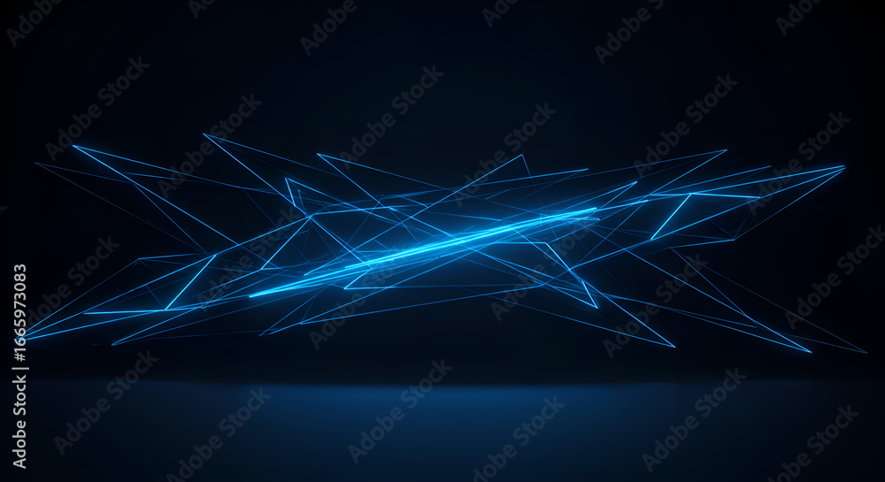 Poster abstract design with neon blue lines forming geometric shapes in a dark interior space. dynamic disp