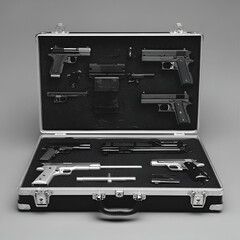 Open briefcase displaying an assortment of handguns and gun parts arranged in a foam insert against gray