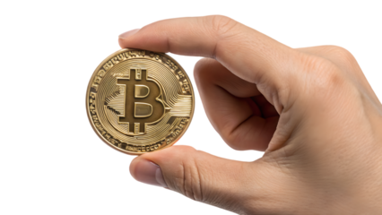 Hand holding a single digital gold coin, a symbol of finance and wealth