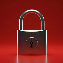 Naklejka premium Metal padlock with a simple, neutral pose on a red surface. Security lock against a red background, for general use in security or technology related stock imagery.
