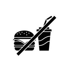 Vector art of stylized black icon of a burger and a soda cup with a diagonal line through it, symbolizing the prohibition of fast food and unhealthy drinks, isolated on a