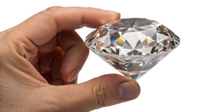 A human hand holds a crystal gem reflecting surface in a concept of care and environmental business