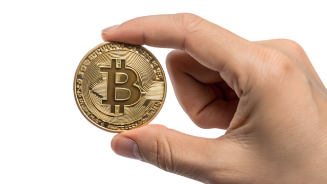 Hand holding a single digital gold coin, a symbol of finance and wealth