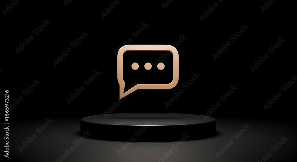 Poster gold chat bubble icon displayed on a black pedestal in a dark studio setting. abstract, minimal grap