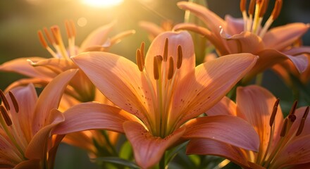 Obraz premium Orange peach lilies in sunlight