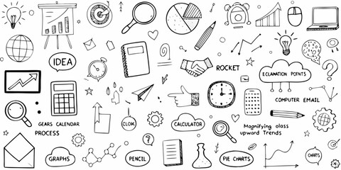Hand Drawn Business Doodles with Charts Graphs and Office Supplies