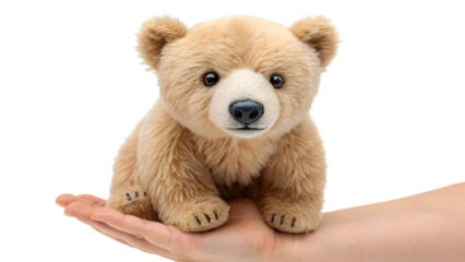 A cuddly brown teddy bear cub sits holding a human hand