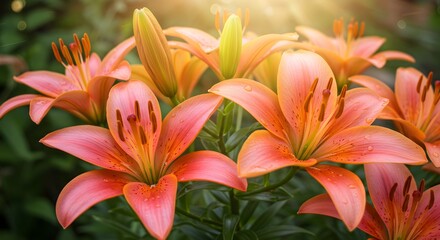 Obraz premium Orange pink lilies in garden sunlight