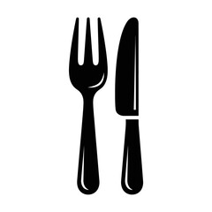 Vector art of a black silhouette of a fork and knife, isolated on a, representing dining and meal preparation