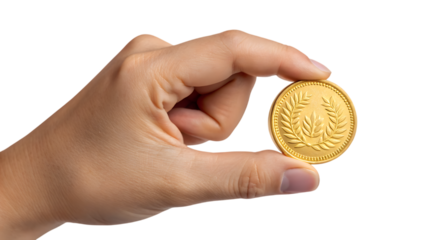 A hand holds several shiny gold coin, a symbol of wealth and banking