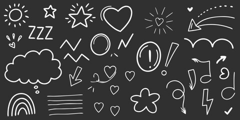 Hand Drawn Doodle Elements on Black Background Hearts Stars Arrows and Symbols