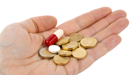 money and pill in hand isolated