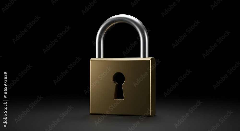 Poster gold padlock with metallic accents, isolated on a dark background. simple, secure object in a studio