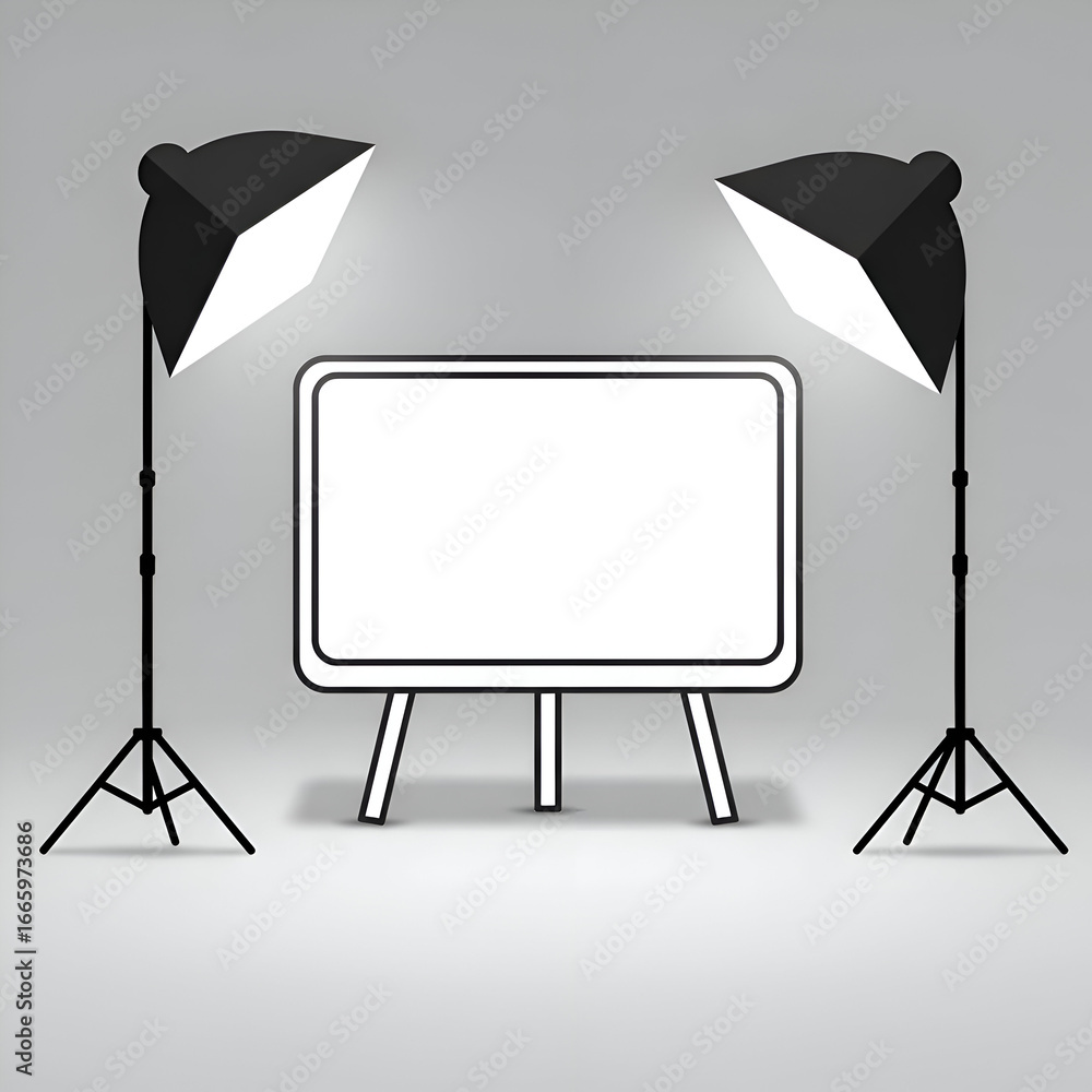 Poster studio setup with two professional-grade lighting fixtures illuminating a blank backdrop; a photogra