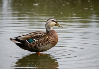 Fototapeta premium Graceful brown duck standing peacefully in a calm pond reflecting nature