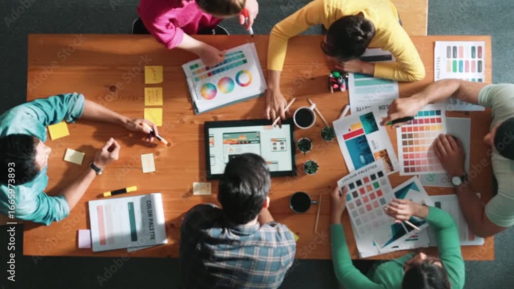 Poster time lapse of business people working together to design web design. aerial view of designer brainst