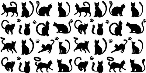 Seamless Pattern of Black Cat Silhouettes and Paw Prints on White Background