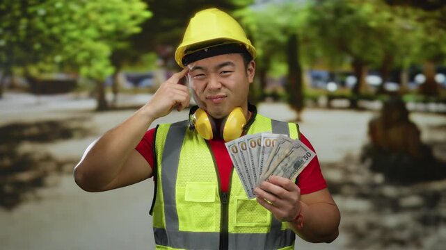 Young man in construction gear holds dollar bills in a park setting, showcasing a thoughtful expression, surrounded by trees and sunlight.