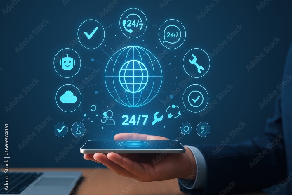 Poster a hand holds a tablet displaying a digital interface with global 24/7 service icons.