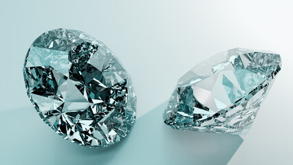 Two sparkling diamonds reflecting light on soft blue background