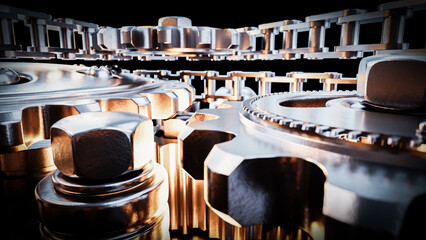 Complex gear system rotating and connecting with chains in a seamless mechanical operation