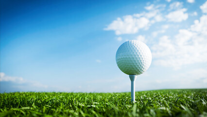 Golf ball sitting on a tee under a cloudy blue sky on green grass