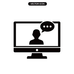 Vector art of vector icon of a computer monitor displaying a silhouette of a person with a speech bubble, representing online communication and virtual interaction