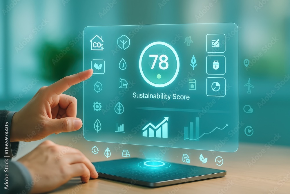 Poster a person interacts with a digital interface displaying a sustainability score and related environmen