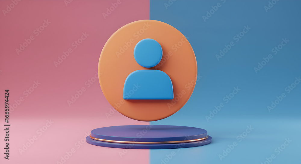 Poster abstract user icon on a floating podium with a dual-toned background. 3d rendered user profile symbo