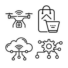 A clean line art illustration featuring four distinct technology-related icons: a drone, a shopping bag with a cart, a cloud with circuits, and a gear with connections.