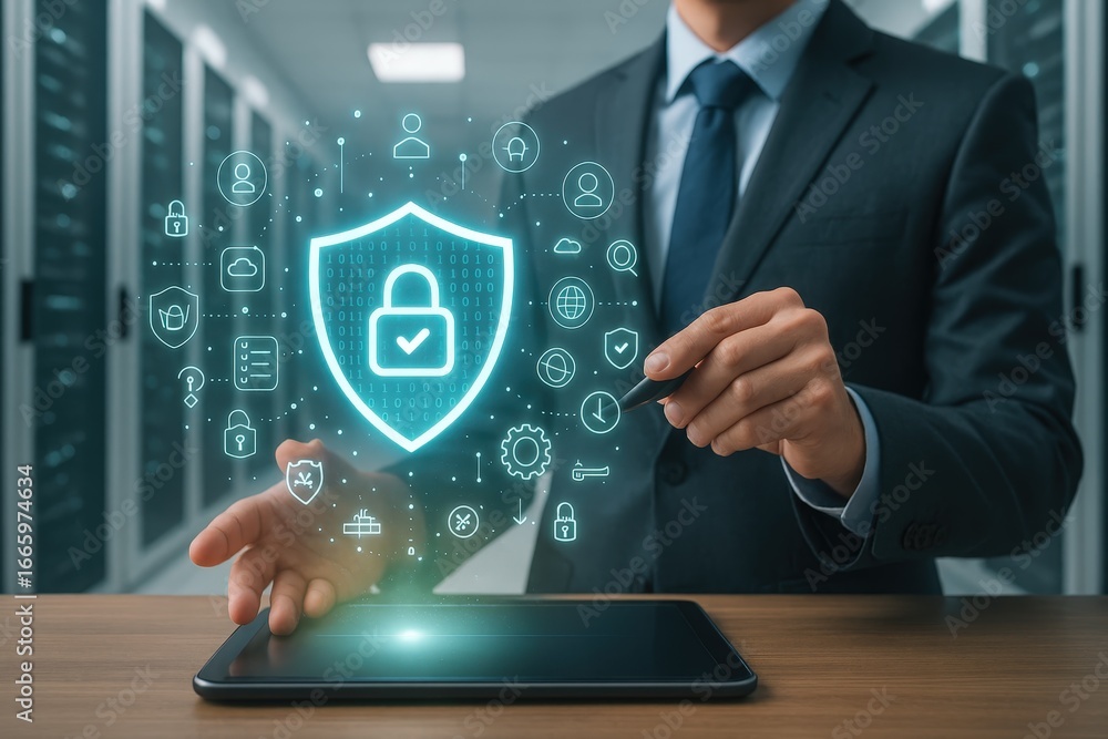 Poster a professional in a suit interacts with a digital tablet displaying a glowing security shield graphi