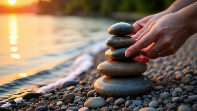 Hands carefully stacking smooth stones on a beach at sunset, creating a peaceful and zen-like balance for meditation and relaxation, promoting mindfulness