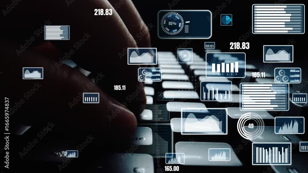Poster close-up of hands typing on a laptop keyboard with an overlay of digital data visualizations, highli