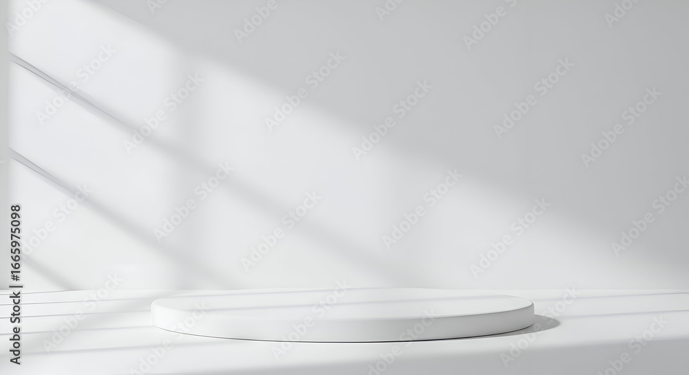 Poster empty white circular podium in a minimalist studio setting. product display with natural light and s