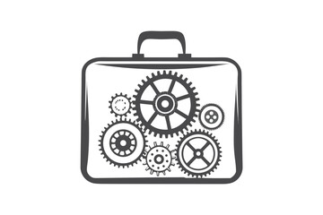 Briefcase Outline with Gears Inside Icon on White Background Isolated