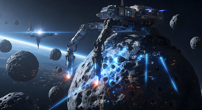 Asteroid Mining Ventures industrial outpost harvesting multiple rocks